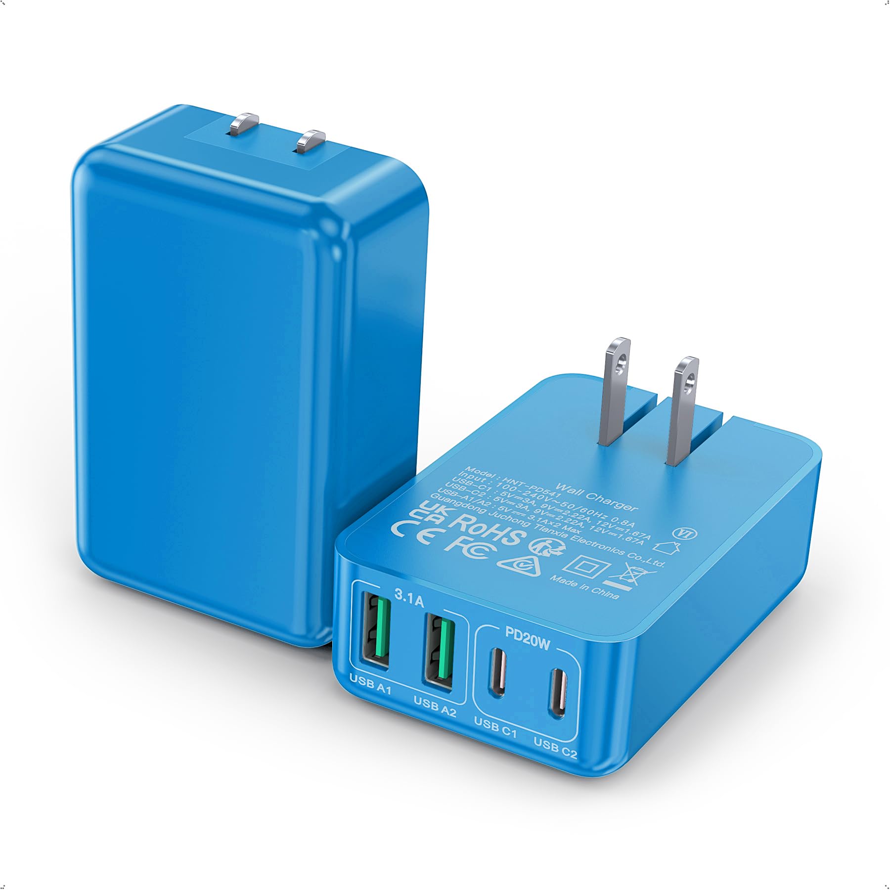 2Pack Flat USB C Charger Block, 40W 4-Port Fast Charger 20W Type C Charging Block 3.1A USB Wall Charger Dual Port PD+QC Charging Cube for iPhone 16 15