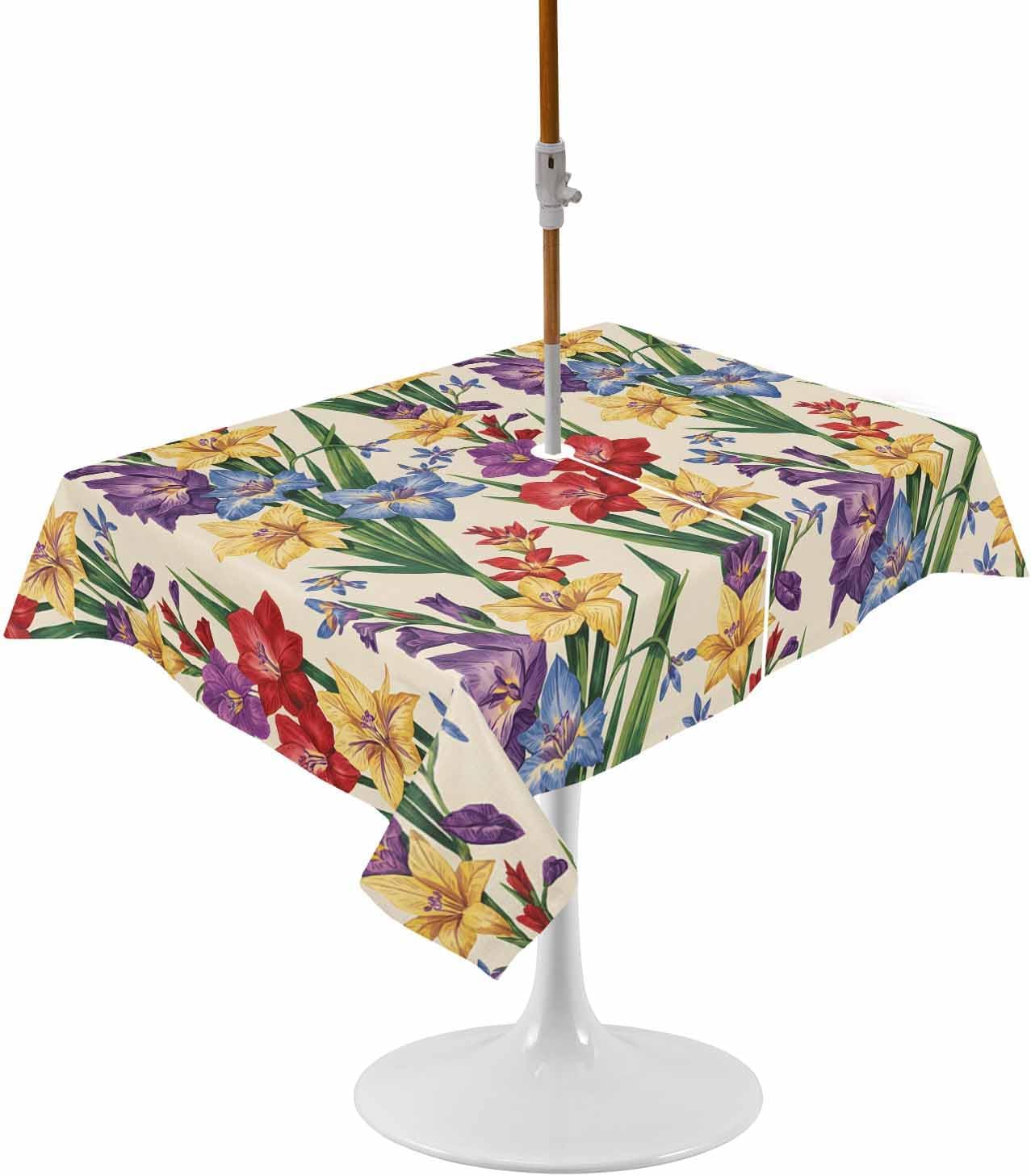 Outdoor Tablecloth with Umbrella Hole and Zipper, Spring Florals Waterproof Table Cloth for Patio/Party/Picnic, Blue Red Yellow Flowers Table Cover, 60x102 Inch Rectangle