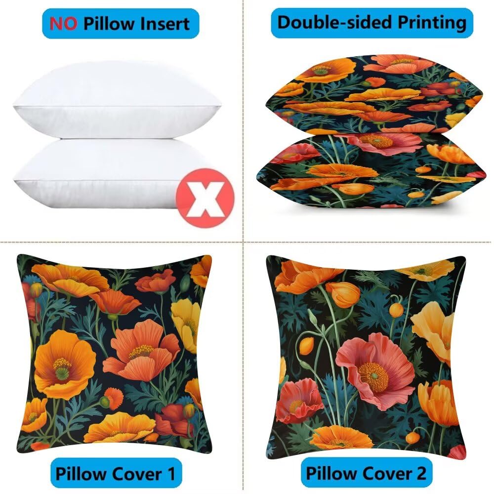 Federe Cuscini Divano 60x60 cm Federe Morbido Copricuscini Primavera in Velluto, 2 Pezzi Copri Cuscini per Divano Fiori Decorativi Federa Cuscino Papavero per Camera da Letto Soggiorno (IU189)