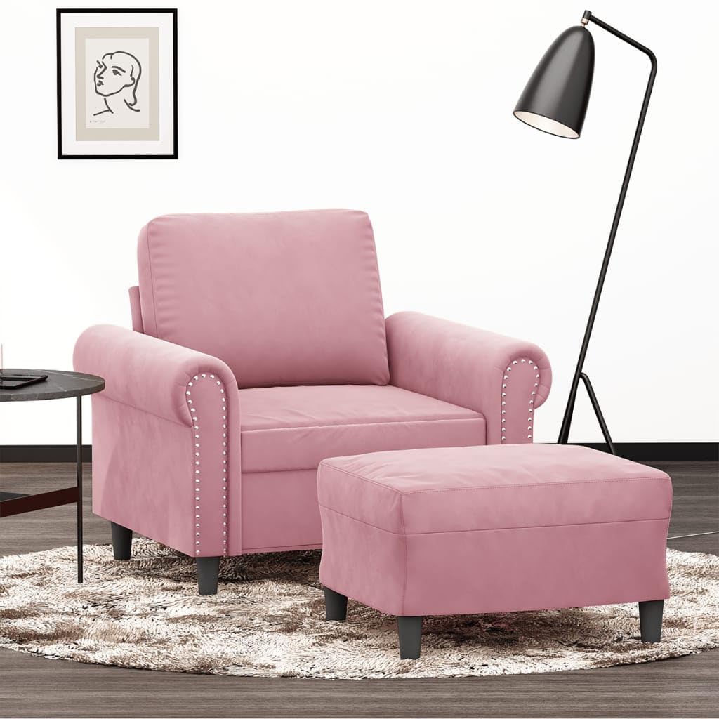 Fauteuil velours rose compact assise 60 cm petit espace avec repose-pieds