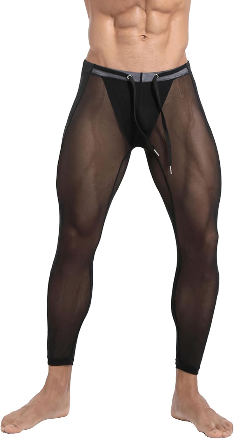 Oyolan Men's Mesh Yoga Pants See Through Tight Leggings Stretchy Capris Sports Shapewear Underwear