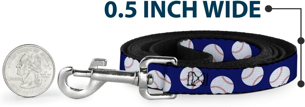 Dog Leash Baseballs Scattered Blue 6 Feet Long 1.0 Inch Wide
