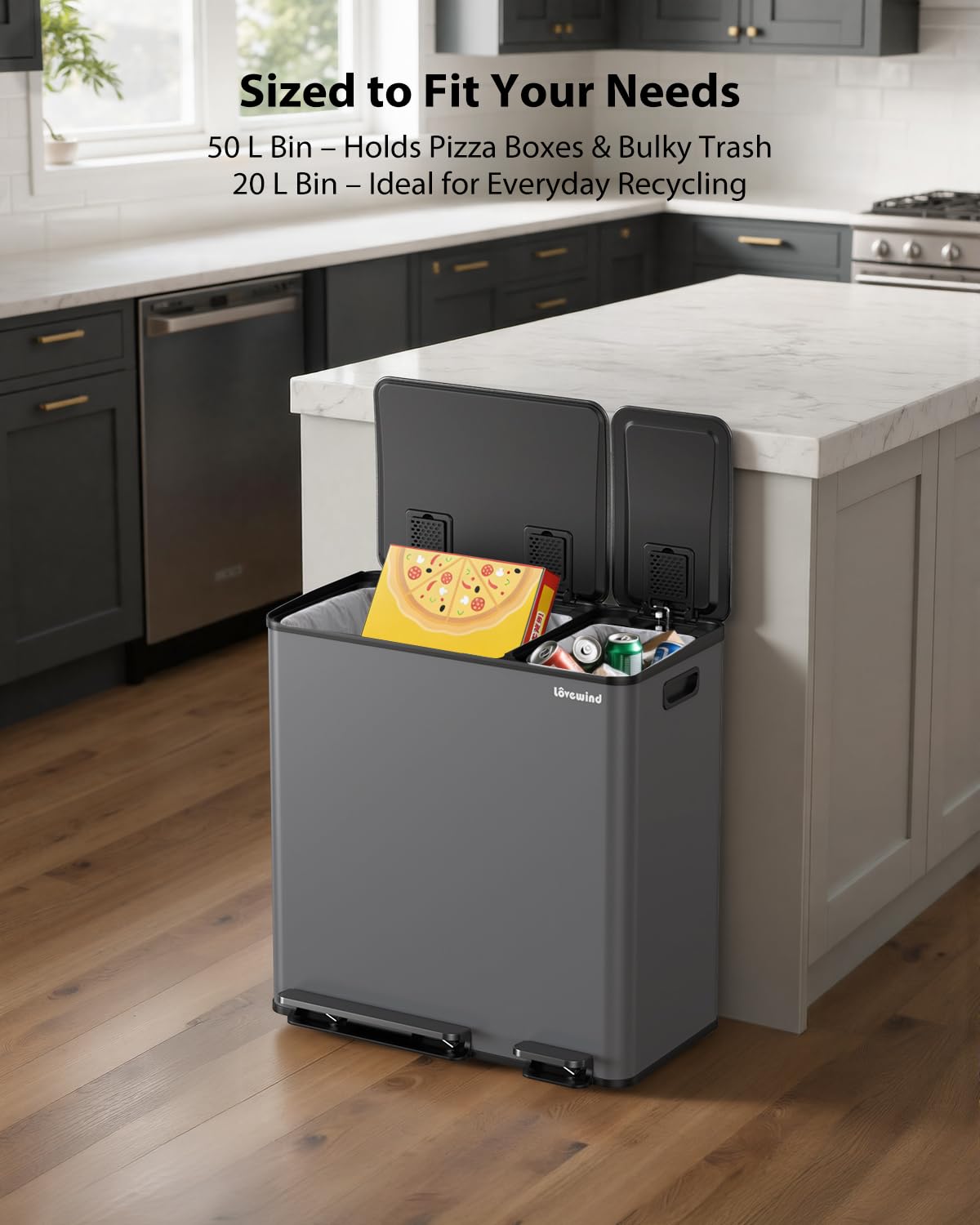 Dual Trash and Recycling Bins for Kitchen, 13.2 + 5.2 Gal (50+20L) Stainless Steel Trash and Recycle Bin Combo with Soft-Close Lid, Large Garbage Cans for Kitchen Home with 2 Magnets Sticker, Grey