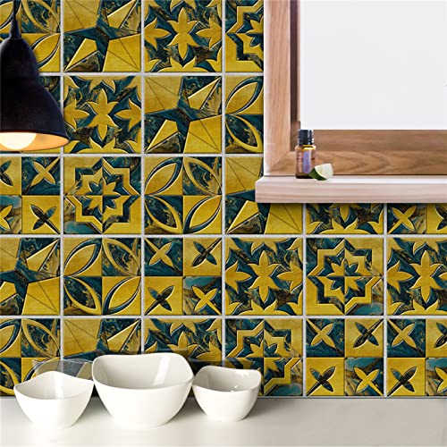 Tiles Wall Stickers Tile Stickers Mustard Yellow Blue Stick on Tiles Bathroom PVC Self Adhesive Wall Tiles Kitchen Stick on Wall Tiles Waterproof Peel and Stick Floor Tiles Self Adhesive Til