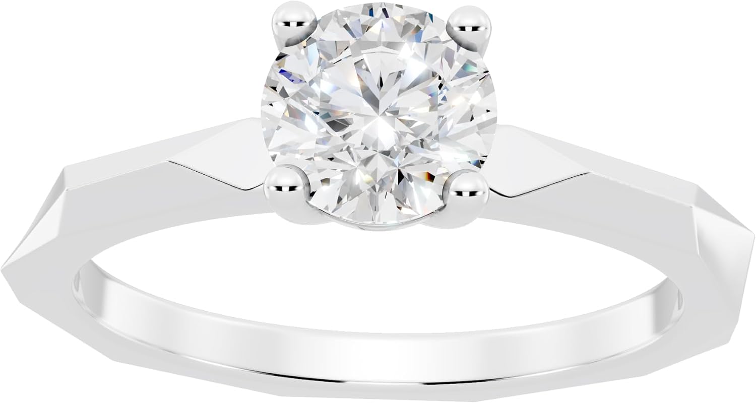 0.50 Carat Solitaire Round Lab Grown White Diamond Textured Shank Engagement Ring for Women in 14K Solid Gold