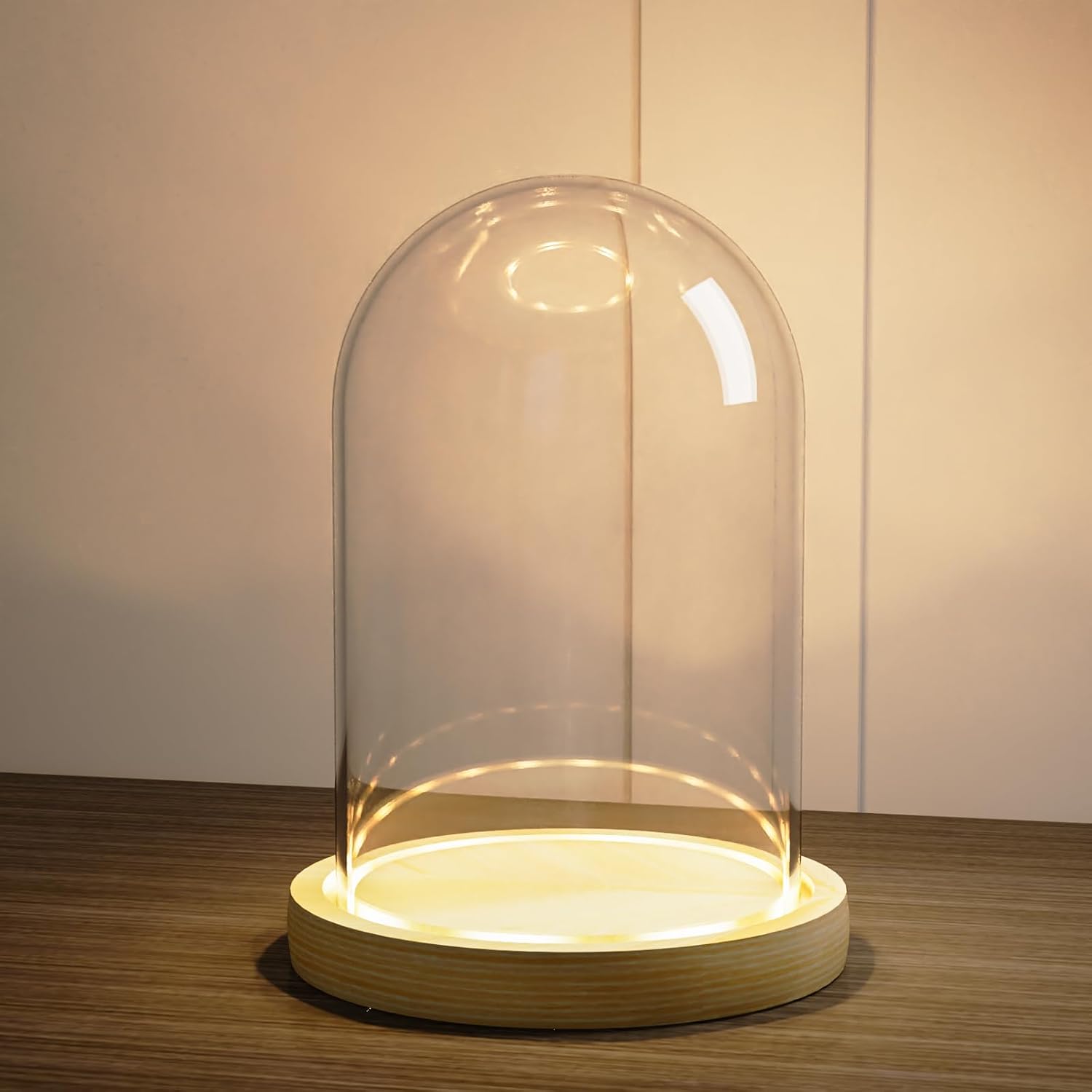 Glass Cloche Dome with Wooden LED Light Base, 4.53" D x 6.89”H Clear Bell Jar Display Dome, Countertop Glass Cloche Display Case for Labubu, Figurines, Keepsakes, Plants, Ideal Gifts