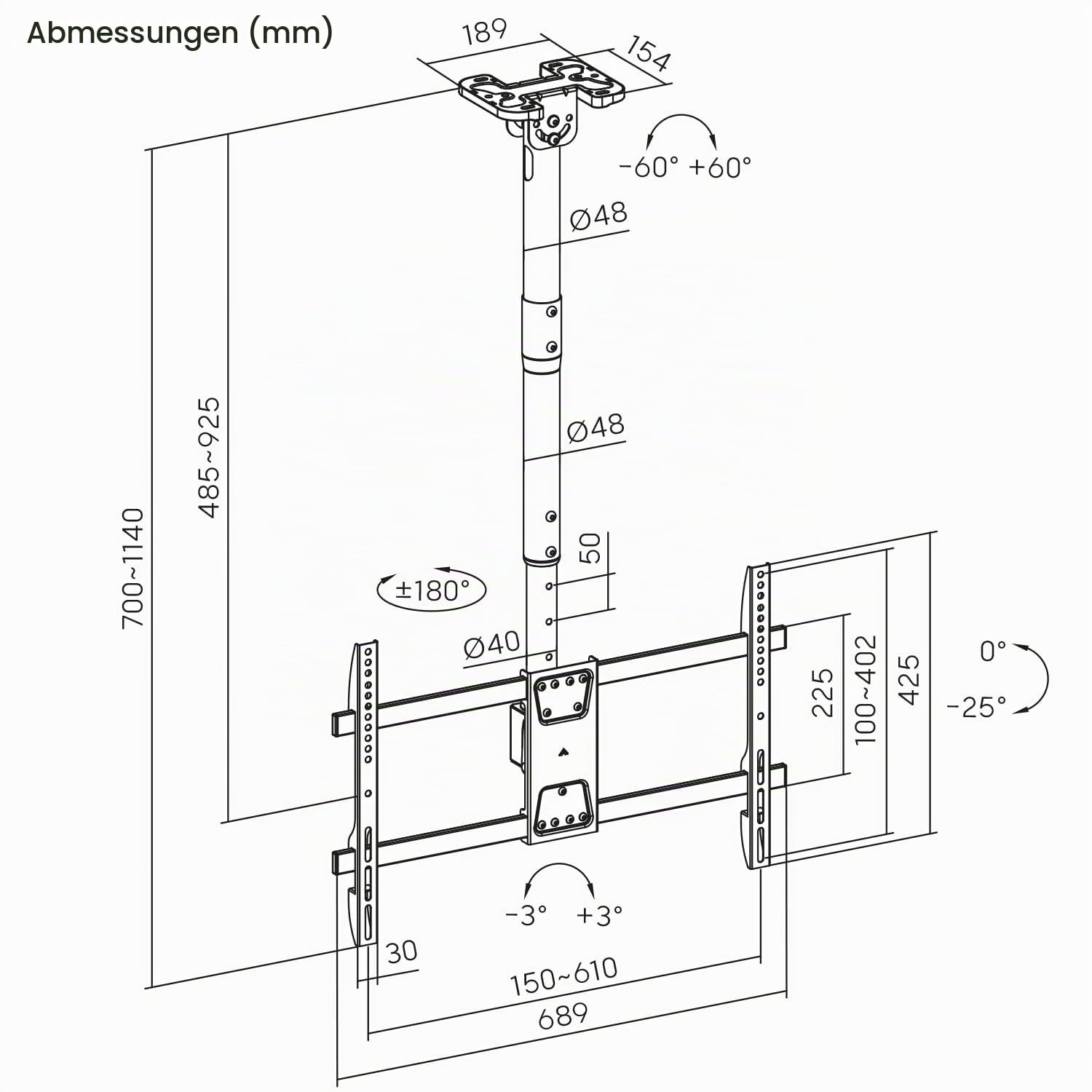 Maclean TV‑Deckenhalterung 43–86″ | 60 kg Tragfähigkeit | Neigbar −25° Schwenkbar 180° Höhenverstellbar 485‑925 mm | VESA bis 600×400 mm | Kabelmanagement | Schwarz Stahl