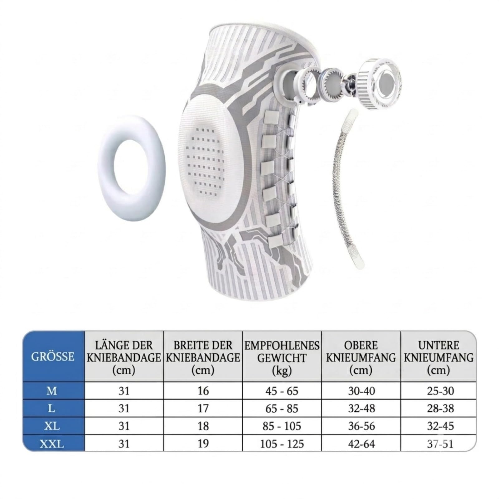 Mobilitee Knaufkniebandage zur Schmerzlinderung, Verstellbare Kniestütze mit Patella Gelpad & Gelenk-Stabilisatoren (Weiß-Rechts,L(65-85kg))