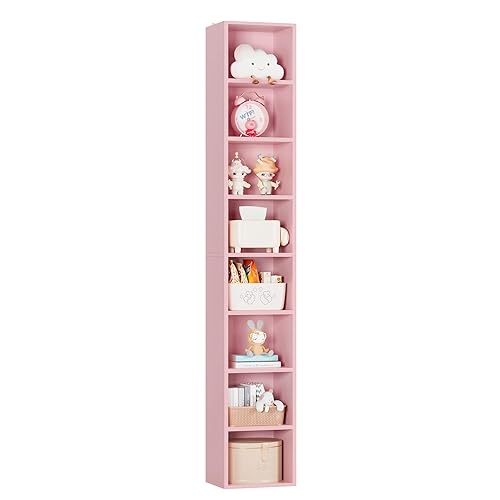 FOTOSOK 8-Tier Media Tower Rack, 11.6 X 9.3 X 70.9 Inches CD DVD Slim Storage Cabinet with Adjustable Shelves, Tall Narrow Bookcase Display Bookshelf for Home Office, Pink - 1 - Pink