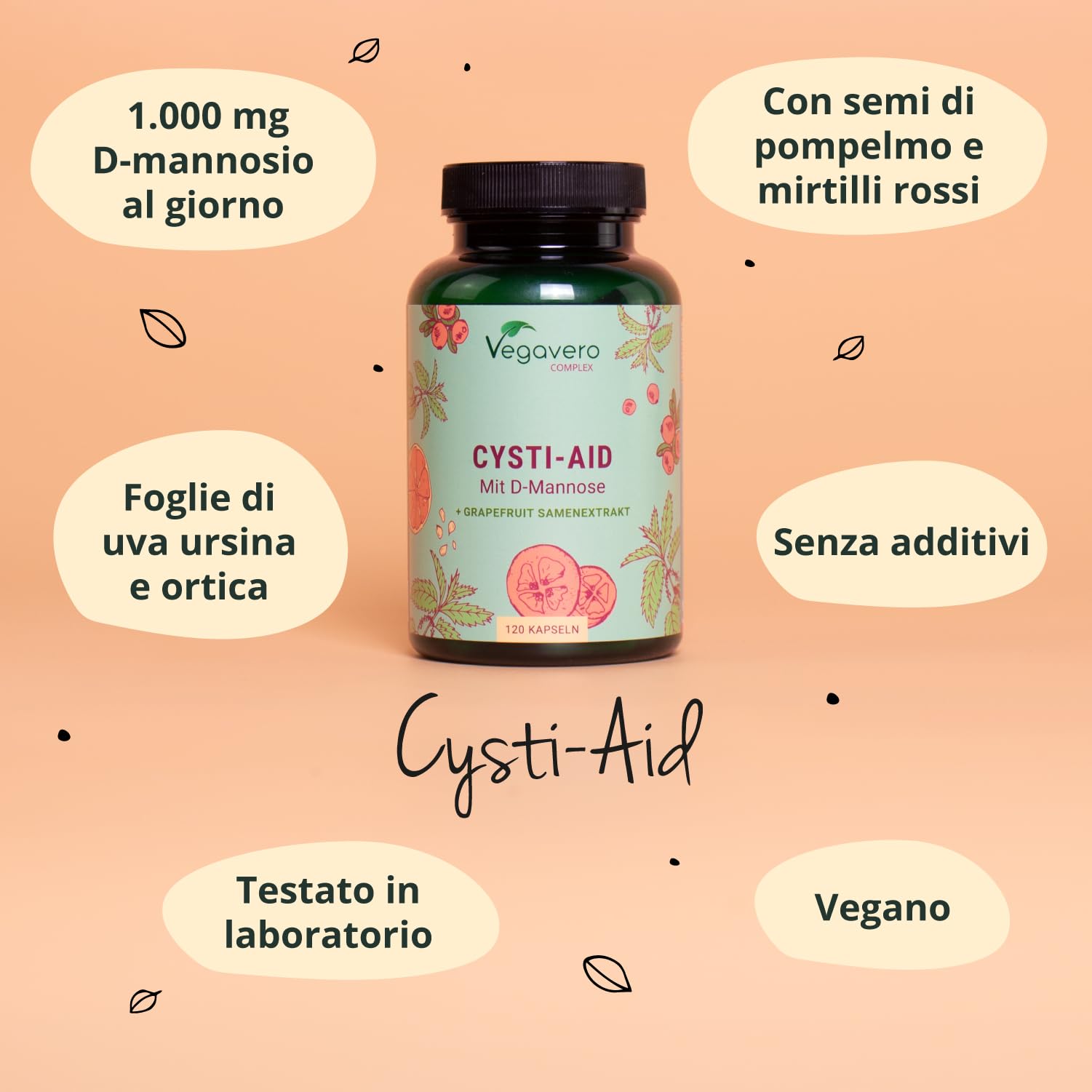 Integratore CISTITE | 100% NATURALE | con D-Mannosio, Mirtillo Rosso, Uva Ursina, Semi di Pompelmo e Ortica | 120 capsule | Benessere Vie Urinarie | Senza Additivi | Vegan | Vegavero®
