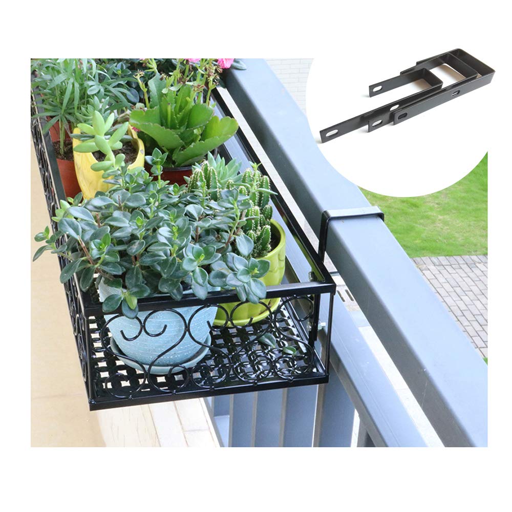 Mensola per fiori con gancio in ferro per ringhiera del balcone, per ringhiere a tubo tondo e ringhiere a tubo quadrato, adatto per larghezze 3,5-6,5 cm (1,3"-2,56"), 2 pezzi (6,5 cm)