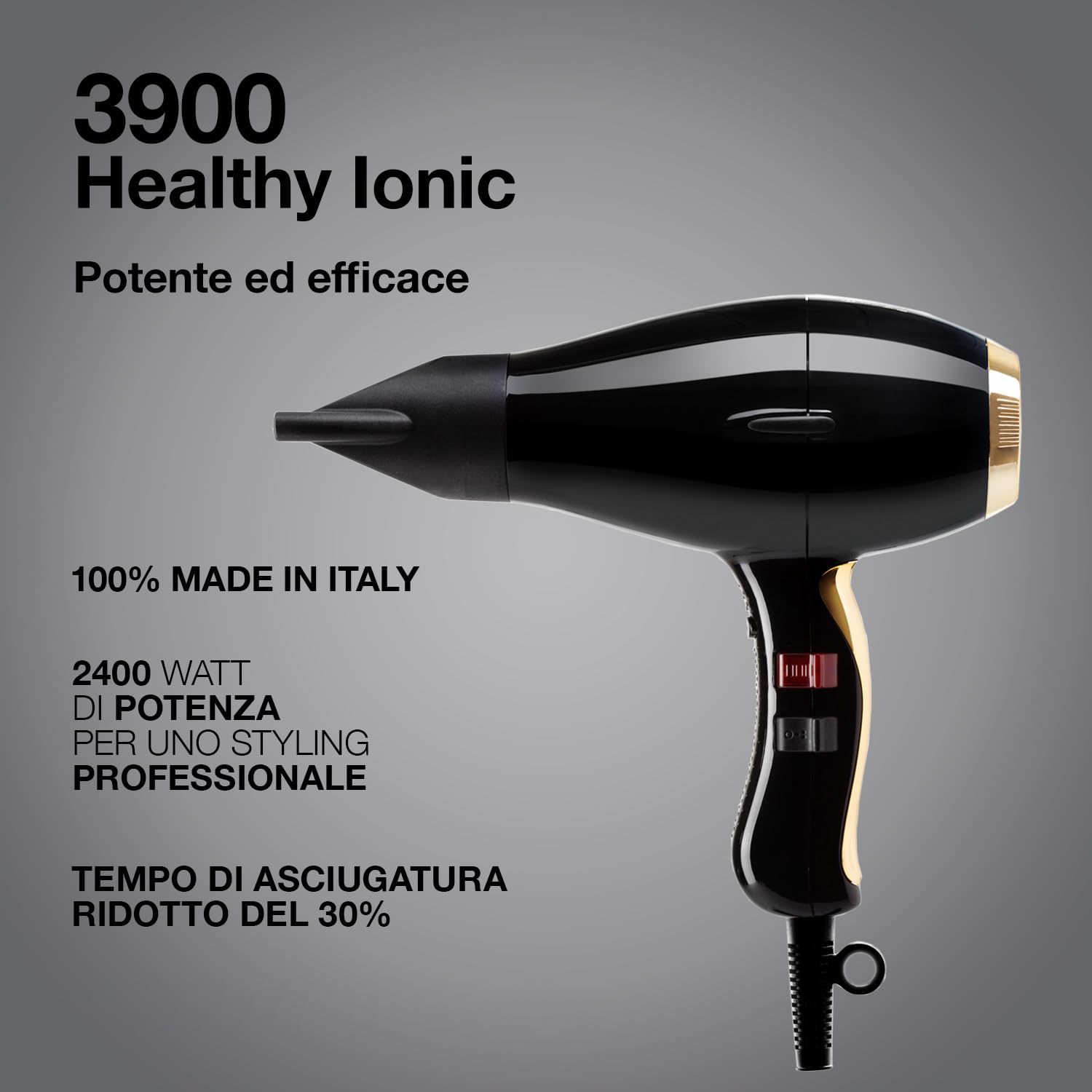 Phon per Capelli Elchim 3900 Healthy Ionic Black & Gold Presa Schuko con Sacchetta in Cotone - Asciugacapelli Professionale Made in Italy - Leggero e Silenzioso, Asciugatura Ridotta del 30%, 2400W