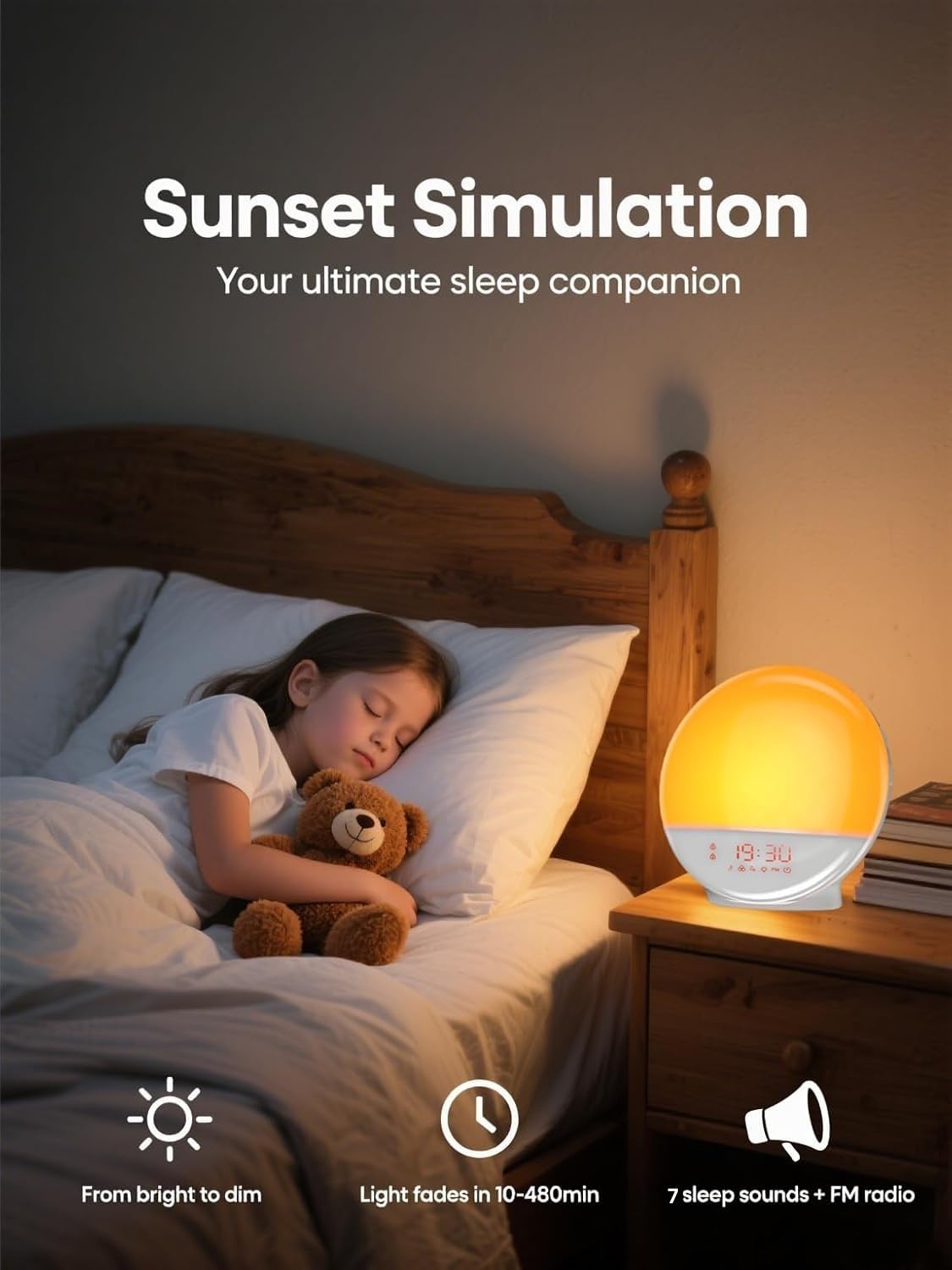Tuerthy Reveil Lumineux, Réveil Intelligent pour Enfants Adultes, Reveil Matin Simulateur d'Aube et Crépuscule, Snooze,7 Sons Naturels, FM Radio Réveil, Veilleuse LED 7 Couleurs, Lampe de Chevet