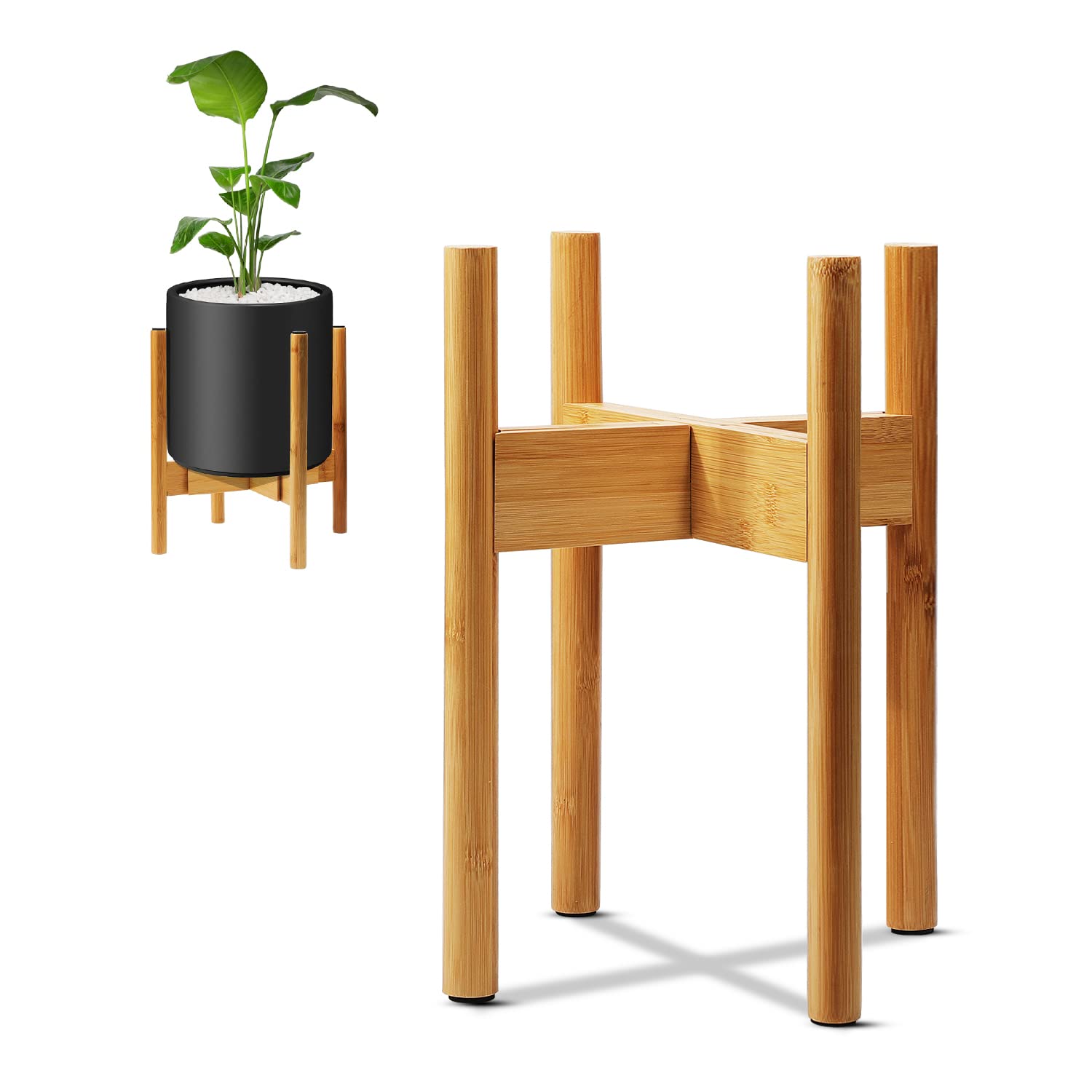 Mozing Adjustable Plant Stand for Indoor Outdoor - Bamboo 2-Tier Expandable Shelf (19"-37") w/ Drainage Holes | Dual-Sided Flower Pot Holder for Corner Balcony Patio