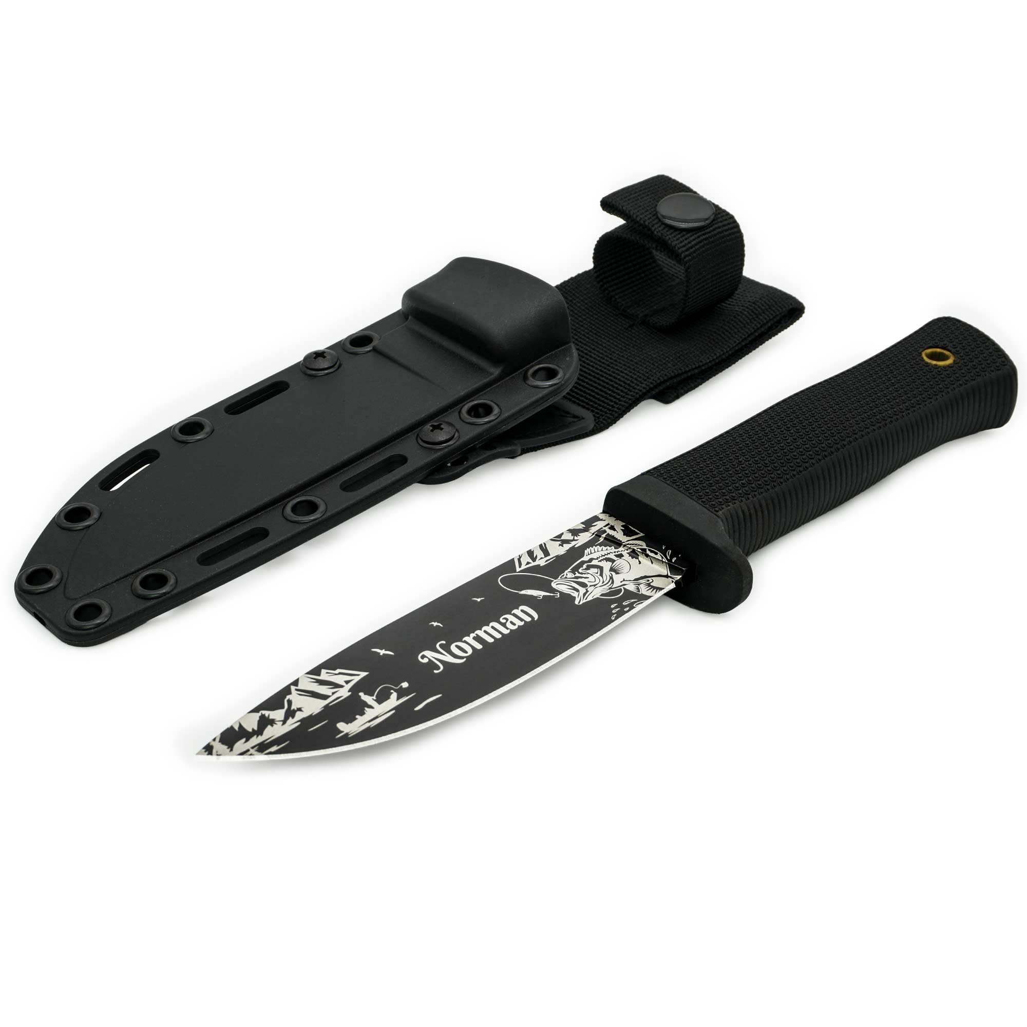 ADAM WILD Angelmesser mit Gravur | schwarze Klinge | Geschenke für Angler | Personalisiertes Anglermesser, Name & Motiv graviert | robuste Edelstahlklinge & gummierter Griff | inkl. Messerscheide