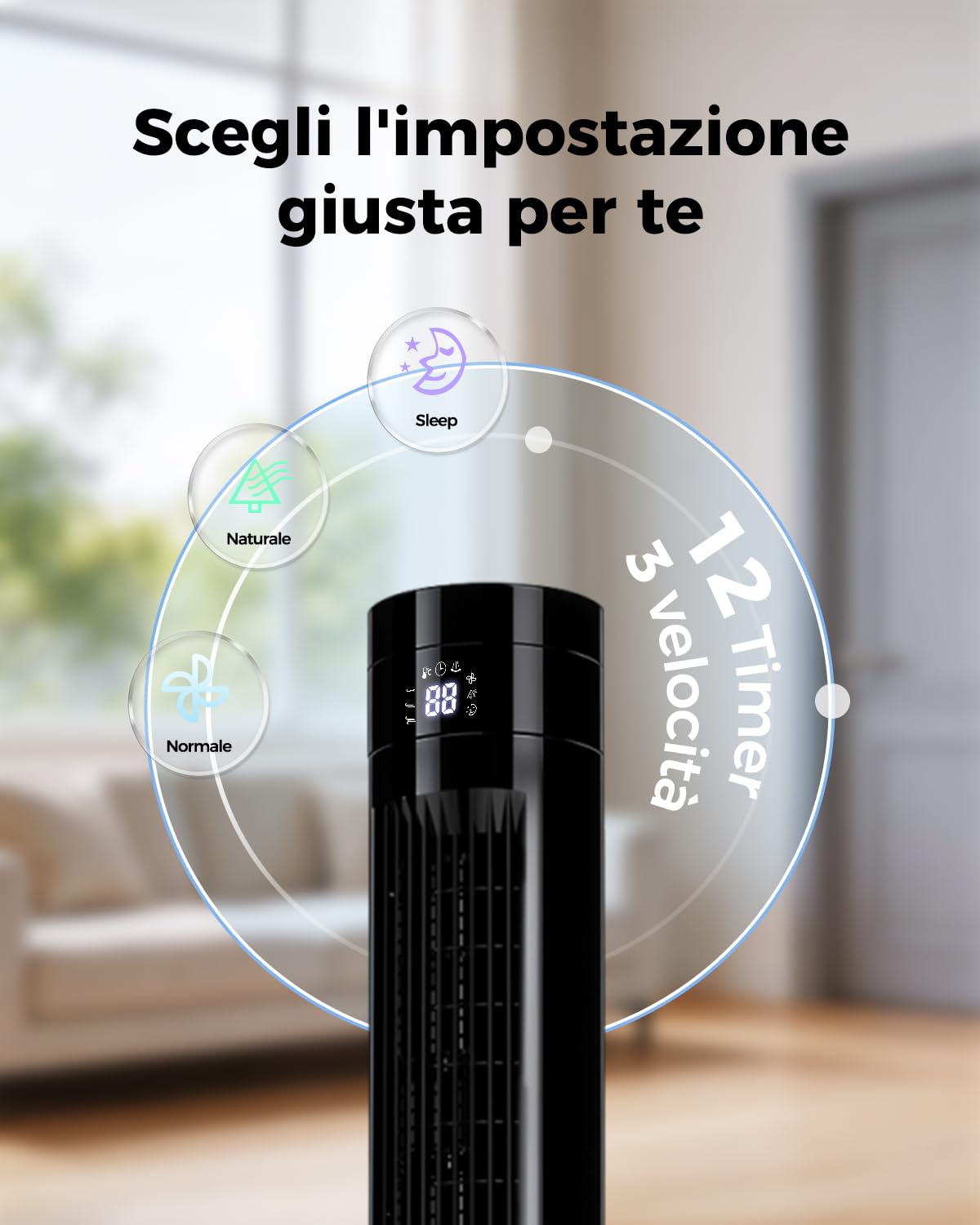 YASHE Ventilatore a torre 110 cm silenzioso con telecomando, 28 dB senza pale, oscillazione 85°, timer 12h, 3 modalità e 3 velocità, LED, per camera da letto, soggiorno e ufficio