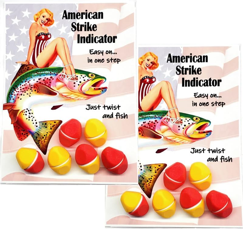American Strike Indicator - Fly Fishing Float. All One Piece - Zero Parts to Drop and Lose. Insert line, Twist and Fish. Aerodynamic for smooth casts. Finger-Grips. Red and Yellow Color - Twin 6 packs