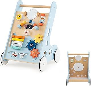 LIFEZEAL Andador de Madera, Andador Multifuncional 8 en 1, Centro de Actividades con Xilófono de Metal, Juguete Educativo, para Bebé de 1+ Años (Azul)