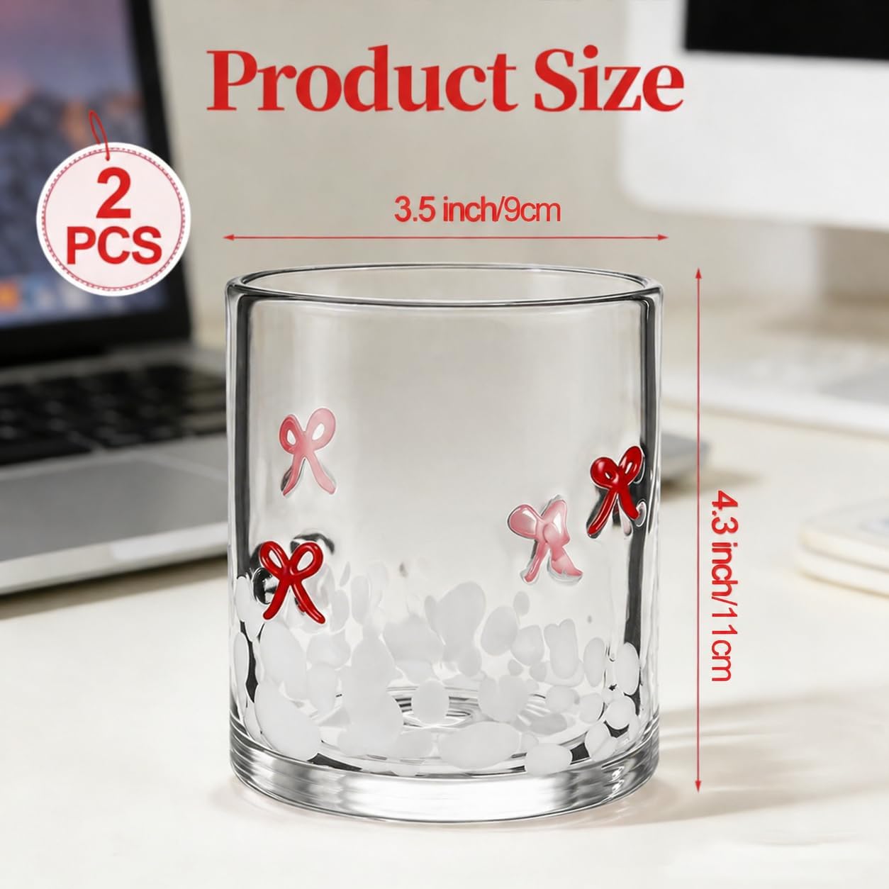 Icon Glass Cups - 16 oz Bow Icon Juice Glasses, Double Old Fashioned Hand Blown Cute Drinking Cups for Holiday Xmas Party Lovely Gifts Supplies