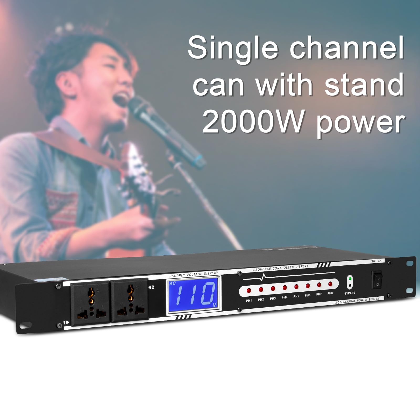 Depusheng 10 Steckdosen, 10 A, 2000 W, digitaler Audio-Sequenzer, Rackmontage mit präziser Echtzeit-Spannungsanzeige, geeignet für Zuhause, KTV, Klassenzimmer, Bühnenstudio, Schwarz (D228)