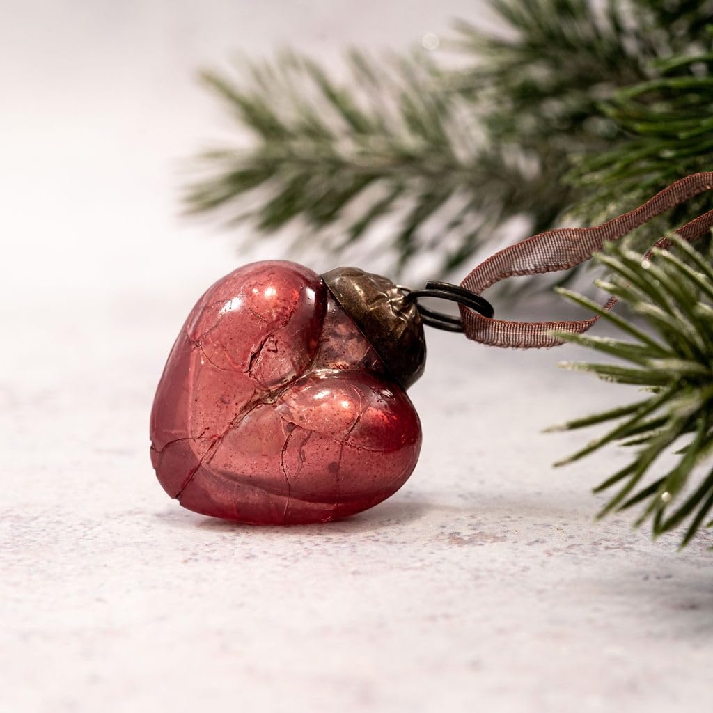 Arthur Cameron Mauve – Set Of 6 Small 1" Crackle Glass Heart Baubles – Hand-Blown Christmas Baubles Perfect For Mini Christmas Tree Decorations & Rustic Xmas Decorations (Mauve)