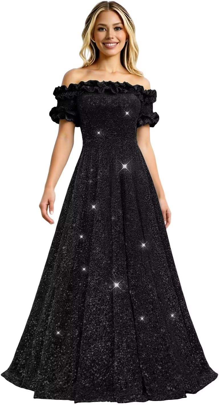 Sparkly Sequin Prom Dresses for Women 2026 Ruffled Long Off The Shoulder A Line Formal Party Gown KJ58