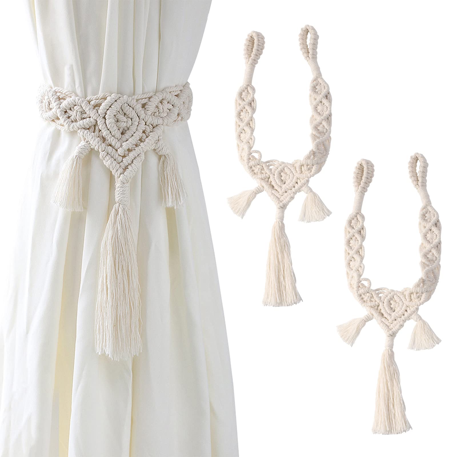 MOROBOR Lot De 2 Embrasses Rideaux Bohème Macramé Crème – Corde Coton Tissée Main, Style Ferme Ethnique Beige