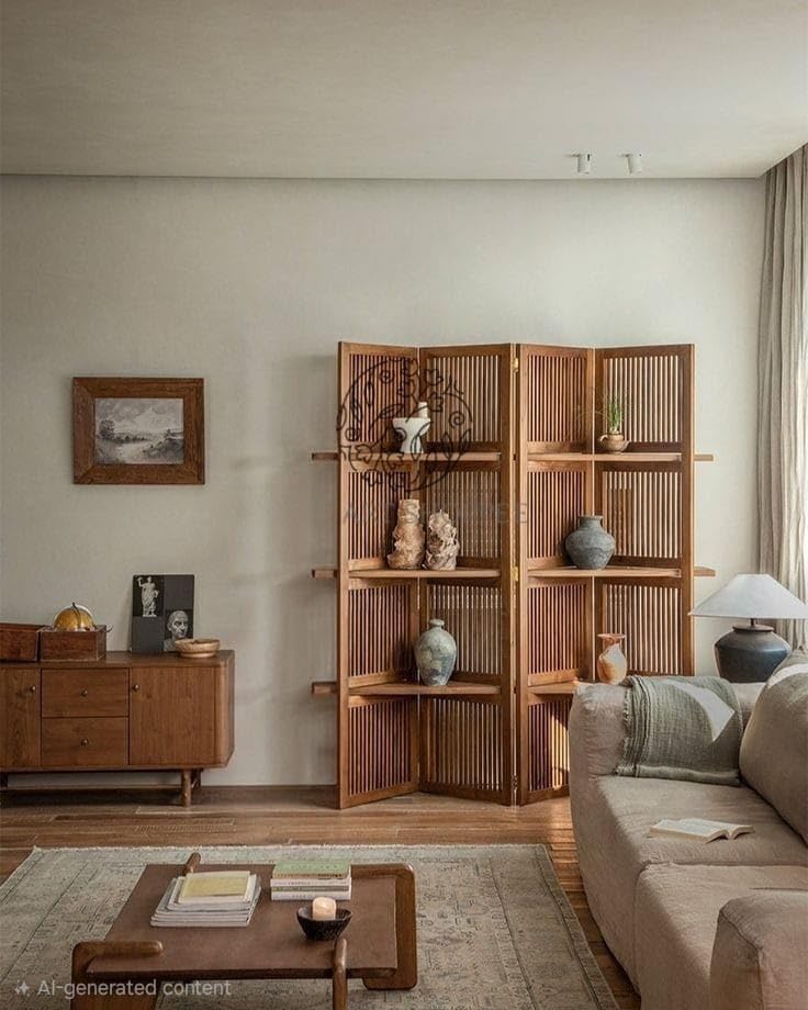 Image of Wooden Partition Divider for Living Room, Partition Wall, Privacy Divider, Freestanding Folding Panels for (6 Feet 4 Panel with Shelves Teak Brown)