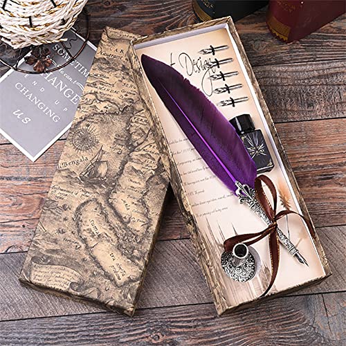 Tikwisdom TikwisdomCalligraphy Pen Set, Writing Feather Pen, Handcrafted Real Feather and Stainless Steel Nib Best Antique Executive, Ink Included, Upgraded Writing Pen (Purple)