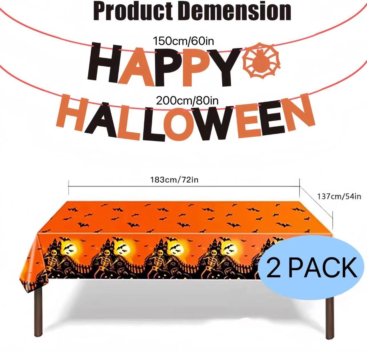 2 Pack Halloween Tablecloth with Banner Hanging Decorations, 54x72 Inch Rectangle Plastic Table Cover Halloween Indoor Outdoor Indoor Decor Party Supplies image 2