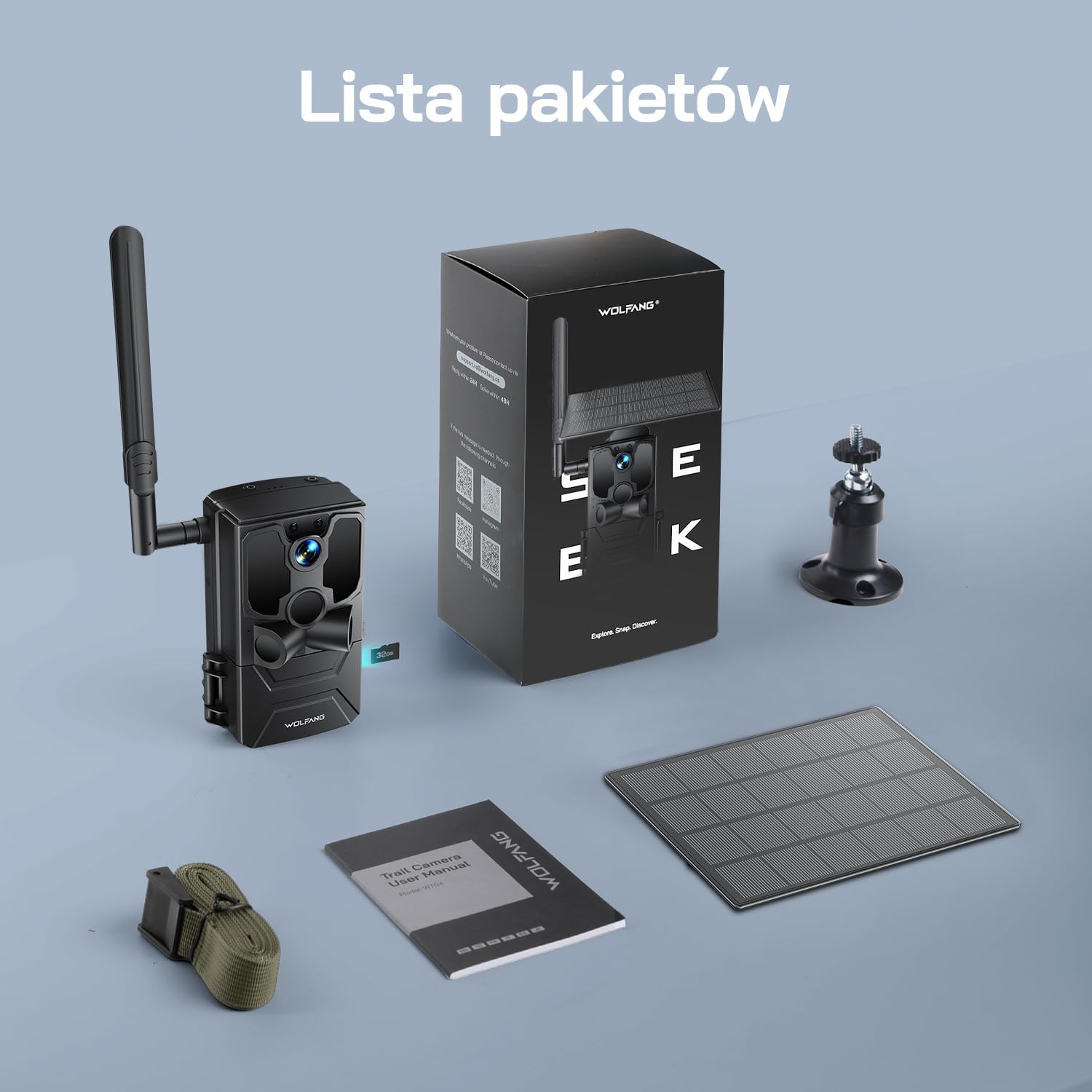 WOLFANG 4G LTE Wildlife Solarcamera 2.5K, Trailcamera met Uitstekend Nachtzicht, 0,2 s Activeringstijd, IP66 Waterdicht, Voor Wildlife Monitoring met Micro SD-kaar i SIM, czarny