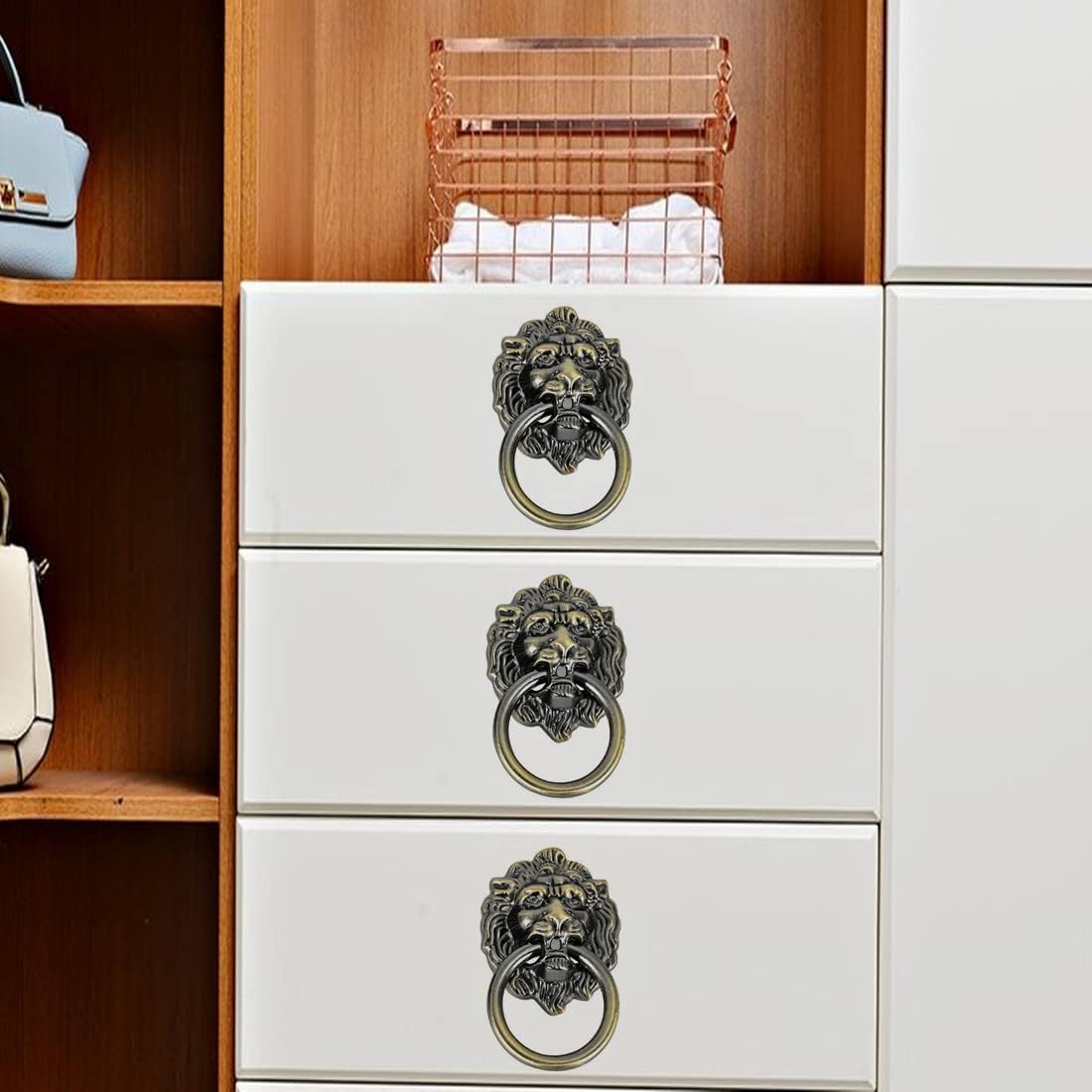 6Pcs Lion Head Knob Pull Handle for Drawer Dresser Knobs Pull Handles with Drawer Ring 1.57 x 2.64 Inch Pulls Handle Knobs