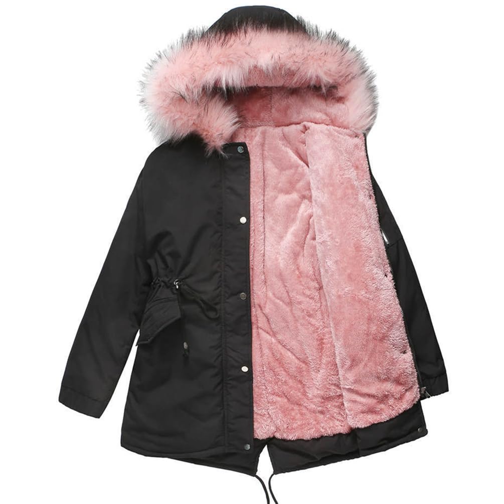 Płaszcze Parka Damskie Zimowe Termiczne Płaszcz Bawełniany Polar Długa Kurtka Z Kapturem Synthetic Futro Ciepła Kurtka Wiatroodporna Na Co Dzień Parka, Kolor czarny, 5XL