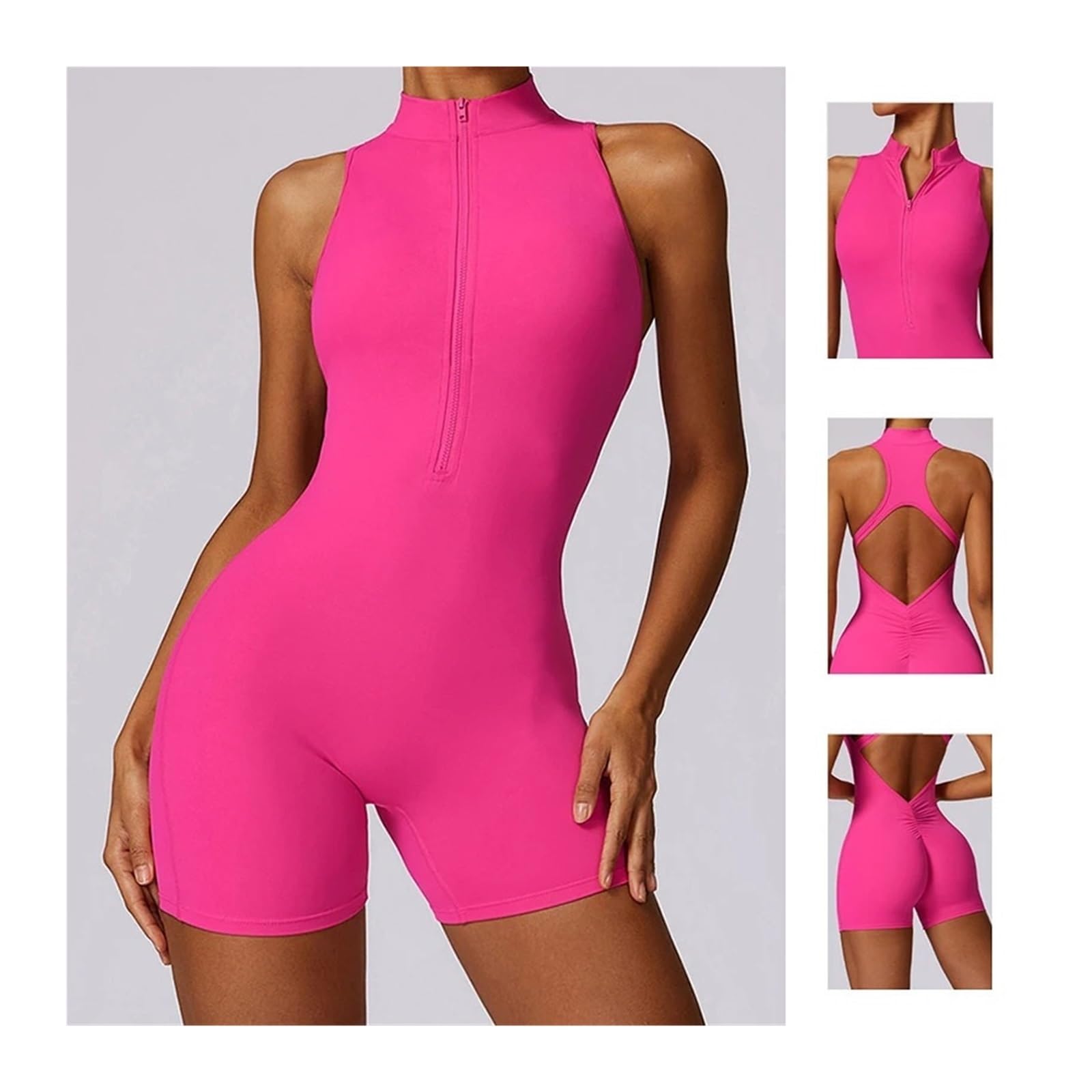 Tuta da yoga Tuta sportiva da donna con scollo a V e schiena arricciata, tuta senza maniche palestra, cerniera, yoga per donna
