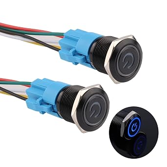 19mm 2Pcs Waterproof 12V-24V Momentary Push Button Switch 1NO 1NC LED Push-Button Switch Black Metal Power Symbol Light with Wire Socket Plug Industrial Switches for Car Marine Boat TruckBlue