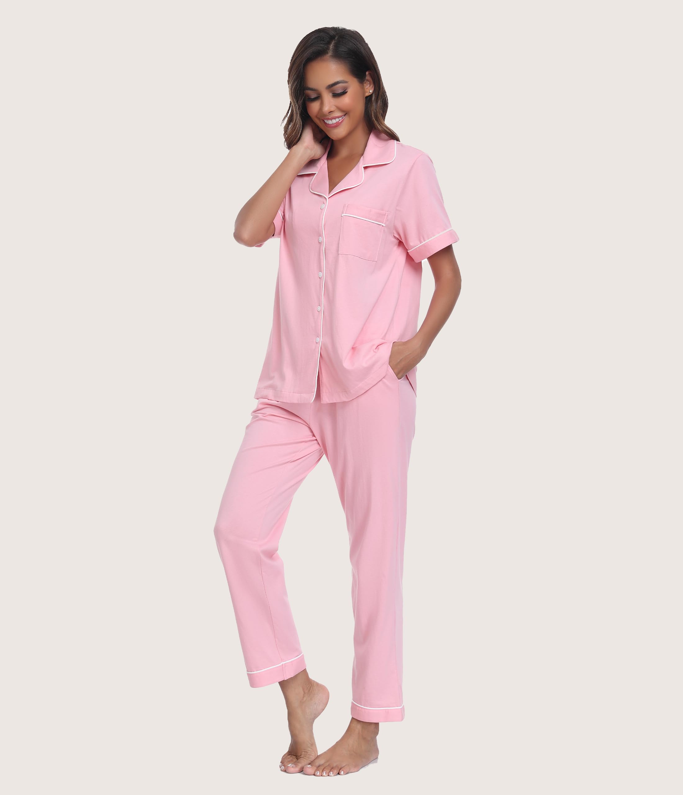 Pijama de algodón 100 % para mujer, camisa de manga corta y pantalones largos, conjunto de pijama de verano cómodo para mujer