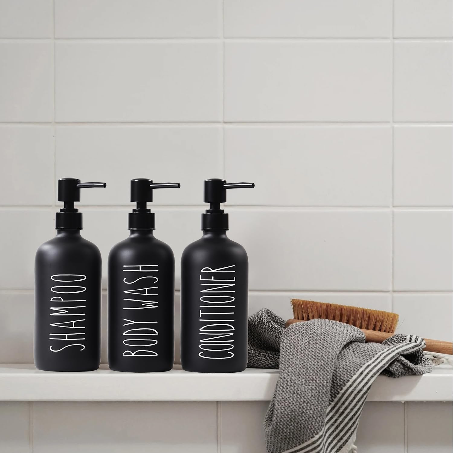 HOMCDALY Shampoo and Conditioner Dispenser Set of 3, 21oz Shower Soap Bottles with Pump, Refillable Shampoo Conditioner Body Wash Dispenser, Bathroom Shower Shampoo Bottles, shampoo container(P-Black)