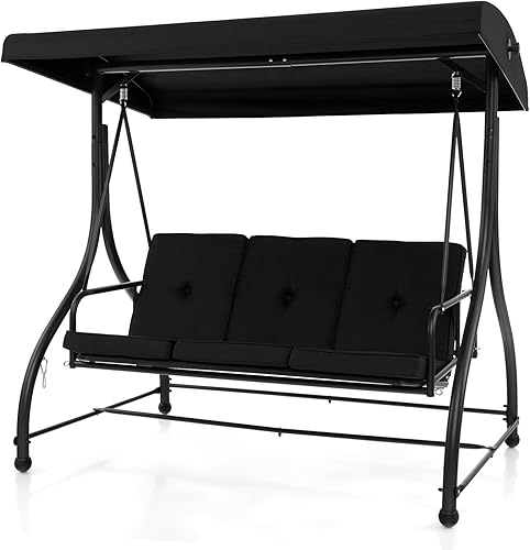 Miniatura 9 de Tangkula Columpio de porche para 3 personas, cama columpio convertible 2 en 1 para patio con cojines extraíbles, estructura de acero sólido,