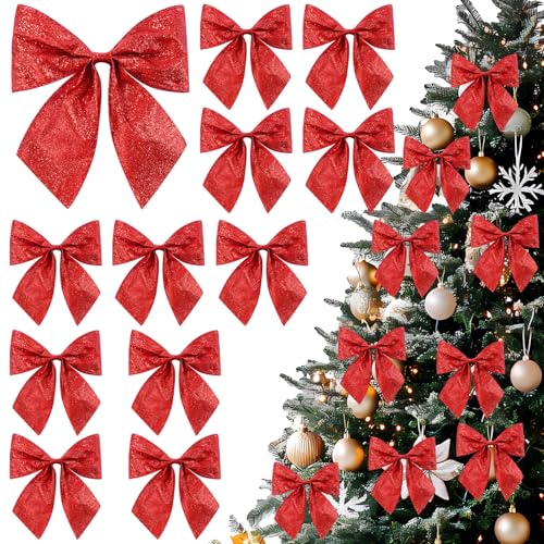 JOLCEEY 12 Stück Schleifen Weihnachtsbaum Rot, Schleife Weihnachtsbaum, Glitzer Weihnachten Bogen Dekorationen Schleifen Weihnachtsbaumschmuck für...