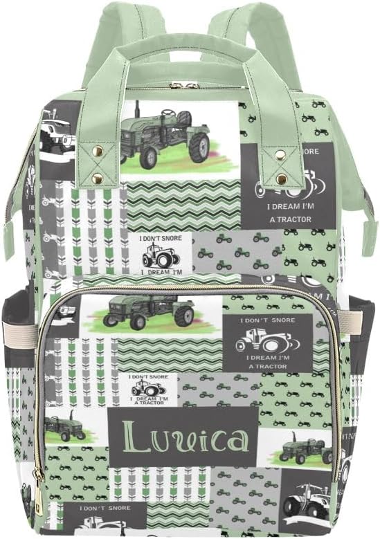 Retro Car Tractor Green Personalized Diaper Bag,Custom Name Diaper Backpack Mommy Nursing Bag for Baby Nappy Bag Lovely Gift