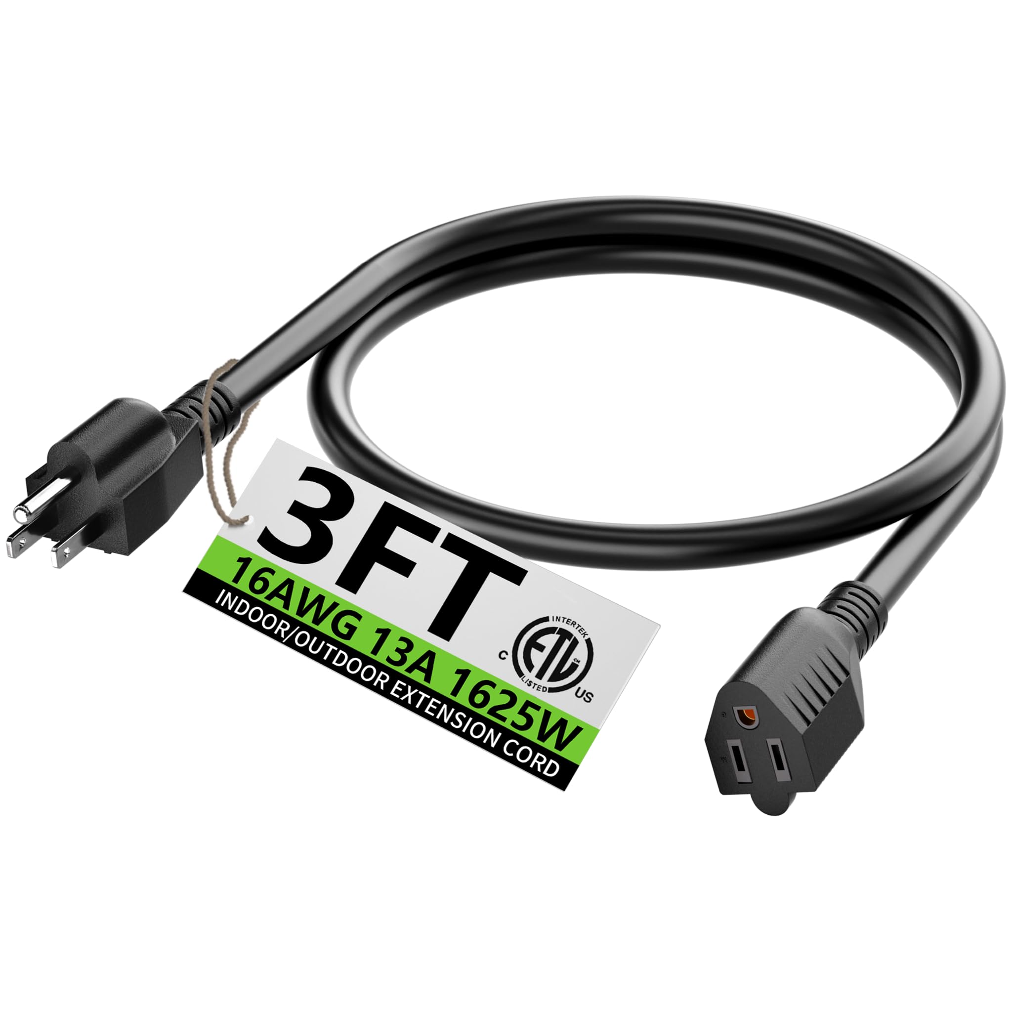 HUANCHAIN Black Extension Cord 3 FT, 16 Gauge, Indoor Electric Cable