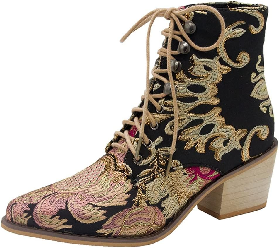 HOTRA Ankle Boots for Women with Stacked Heel Floral Embroidered Block Heel Cowboy Boots Pointed Toe Lace Up Boots (Color : Black, Size : 9 US)