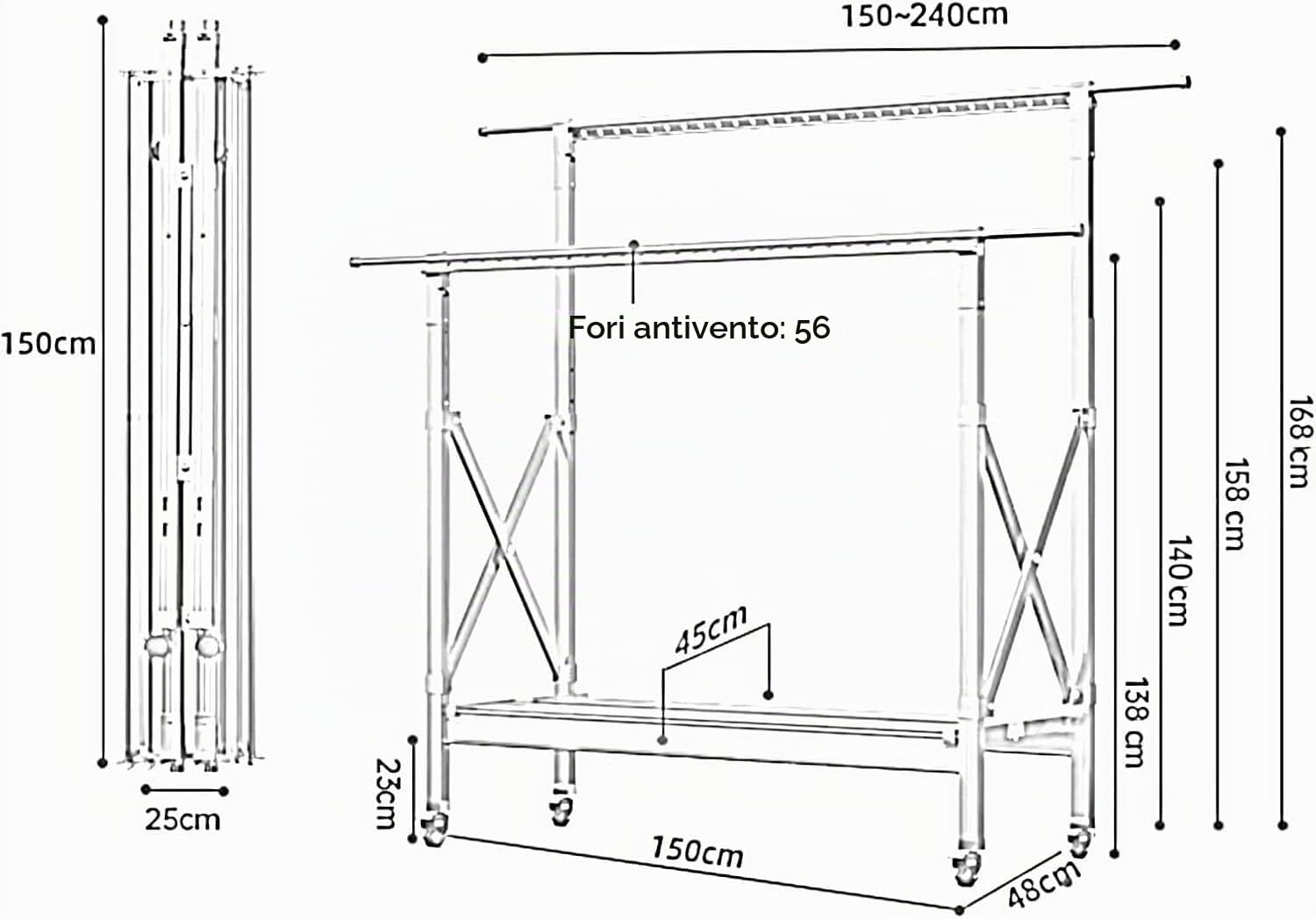 Stendibiancheria in Alluminio Pieghevole per Interno & Balcone, Regolabile in Altezza, Ideale per Lavanderia Domestica,Rosa,150~240x48x150~240CM