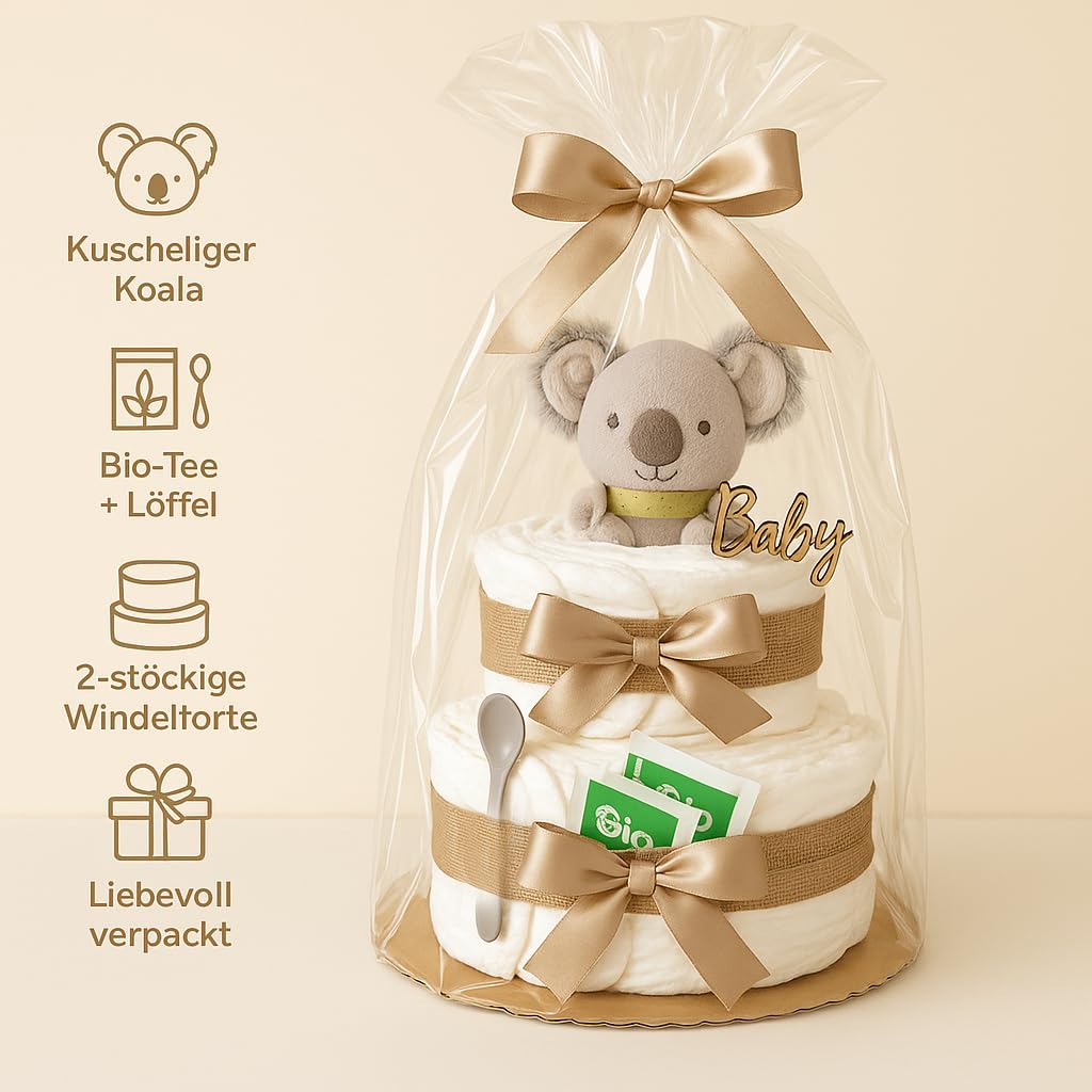 Windeltorte Mädchen & Junge mit Koala Greifling - Boho Vintage [Handmade] – Baby Geschenk zur Geburt mit Koala-Greifling, Premium Windeln & Bio-Tee – Windeltorte Neutral & für Babyparty