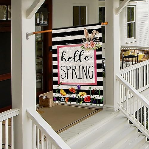 Miniatura 9 de Bandera de jardín de flores de Hello Spring de 12 x 18 pulgadas, arpillera de doble cara exterior, letrero de conejo floral de temporada, decoración