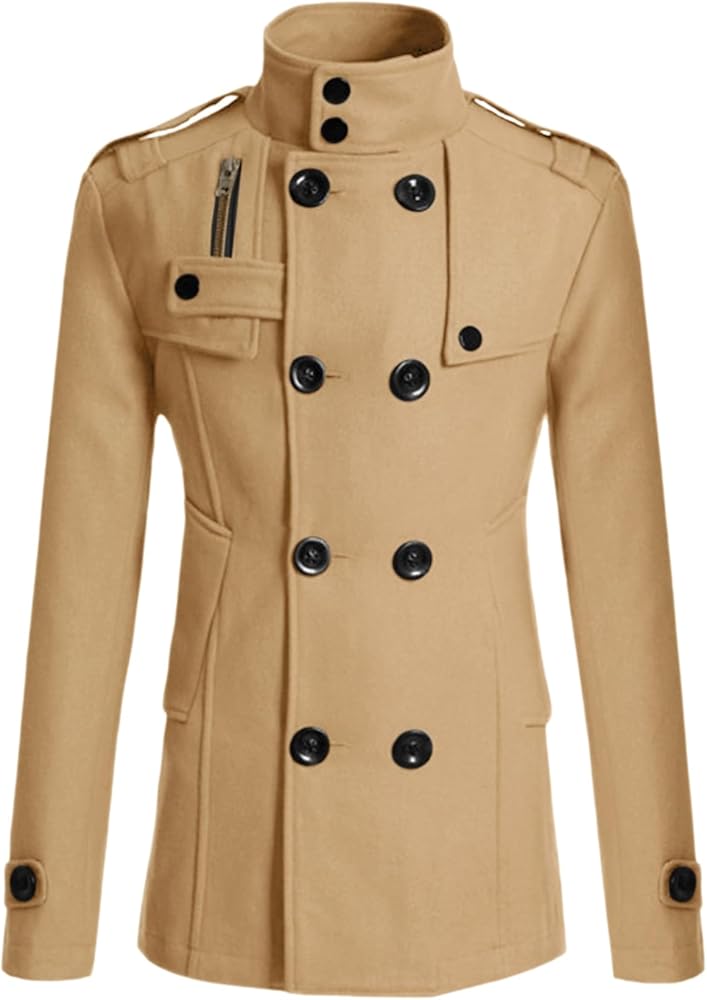 Lars Amadeus Men's Khaki Pea Coats Stand Collar Double Breasted