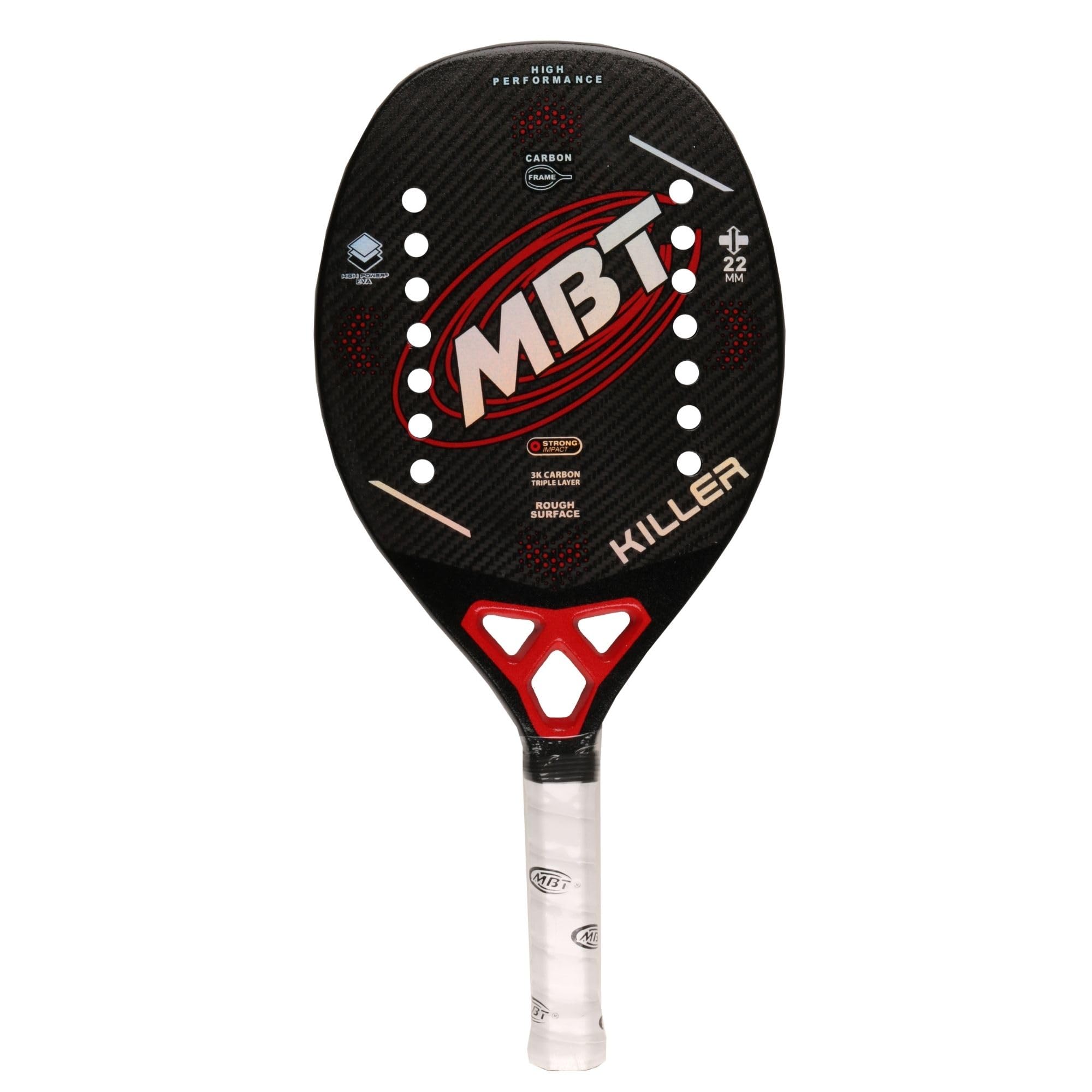 MBT KILLER, Racchetta Beach Tennis 3K Carbonio Triple Layer - Trattamento ruvido- Eva High Power – Leggera e Bilanciata – Profilo 22 mm - Custodia inclusa - testimonial Andrea Reginato