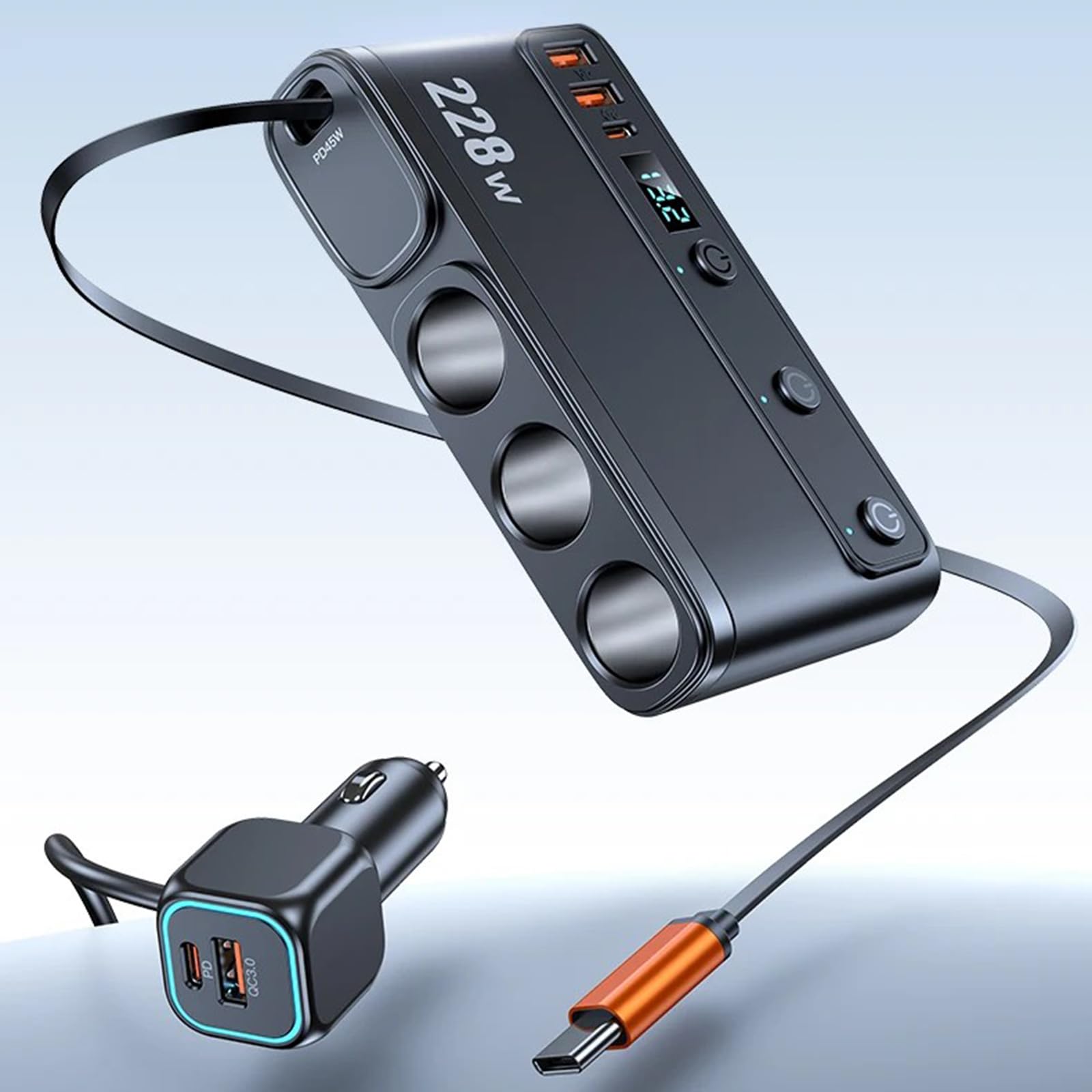 Adaptateur de voiture à charge rapide avec QC3.0 PD45 W 228 W câble de chargeur USB C télescopique à affichage LED pour USB rétractable 12 V-24 V