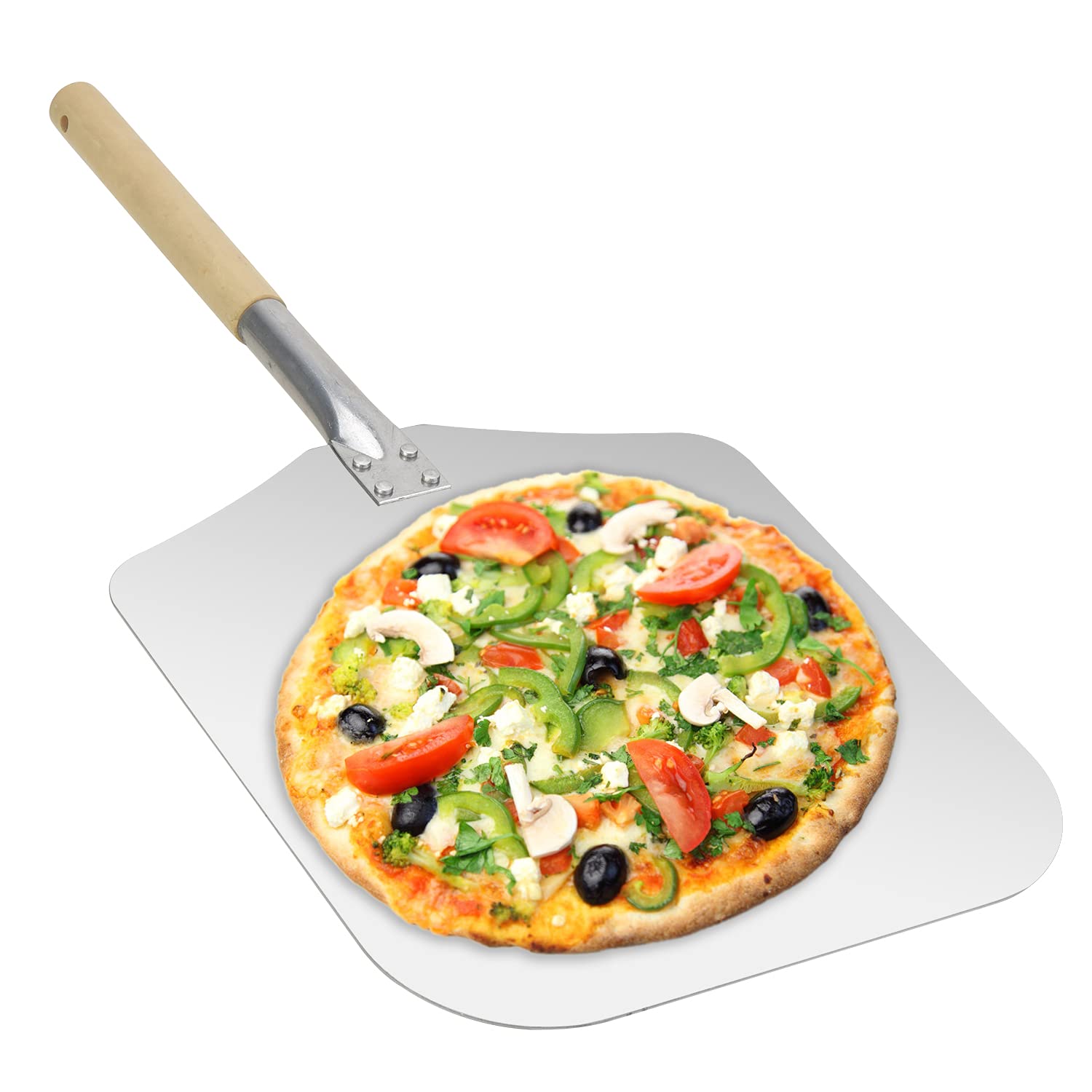 Pelle à pizza en aluminium avec poignée en bois amovible, lame de 30,5 x 35,6 cm, long manche de 30,5 cm, 66 cm au total – Accessoires de four à pizza d'extérieur