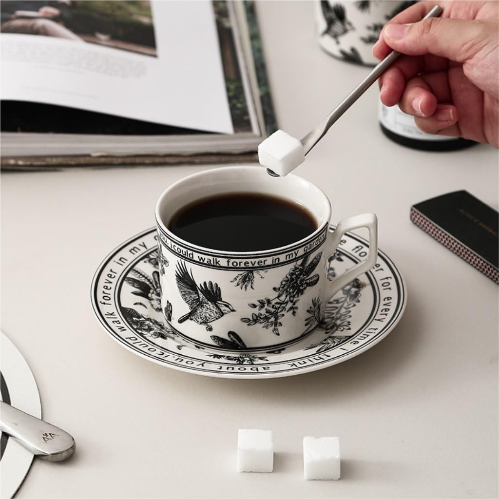 Zestawy kubków i talerzyków Kreatywna filiżanka do kawy i spodek, zestaw ceramicznych kubków o wysokiej wartości, prezent(Black)